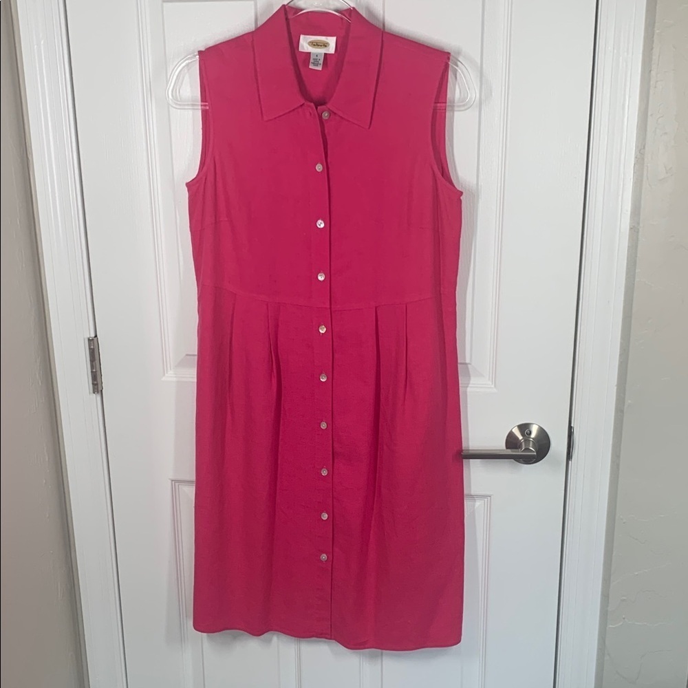 Vintage talbots sleeveless shirt dress hot pink linen blend size 4